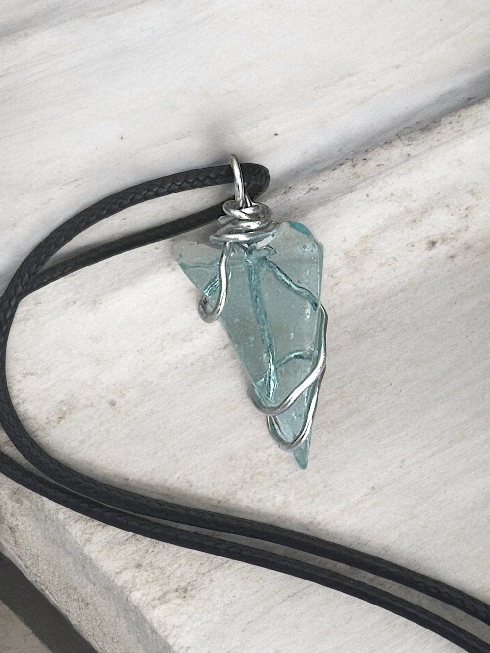 5 For $25💫Handcrafted Aquamarine Sea Glass Wire-Wrap Necklace with Black Cord - Picture 3 of 3